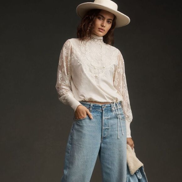 Anthropologie x Tiny Oriana Long Sleeve Lace Top in Ivory - Picture 2 of 8